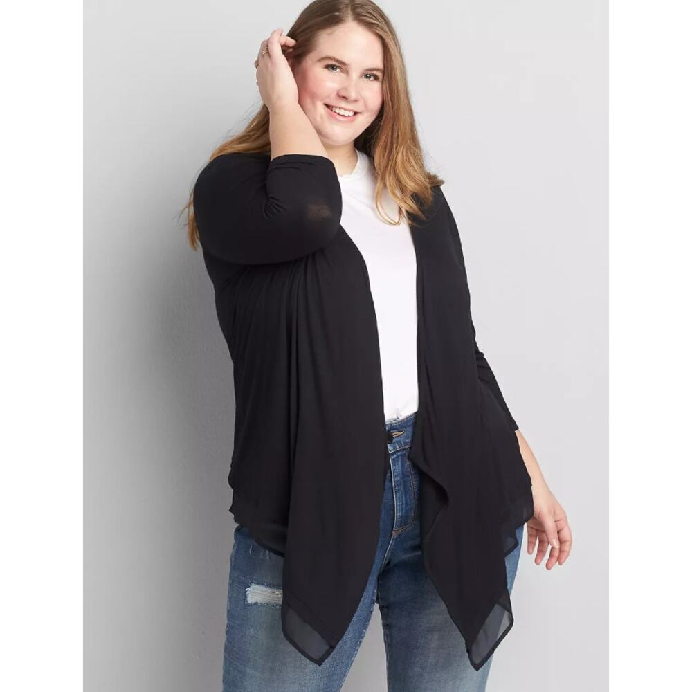 Lane Bryant Women's Essentials Chiffon-Trim Drape-Front Cardigan Size 16 Black